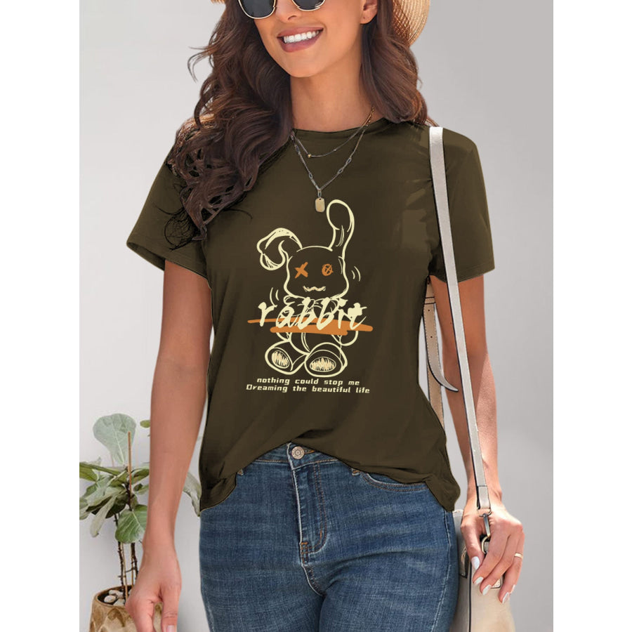 Rabbit Graphic Round Neck Short Sleeve T - Shirt Apparel and Accessories