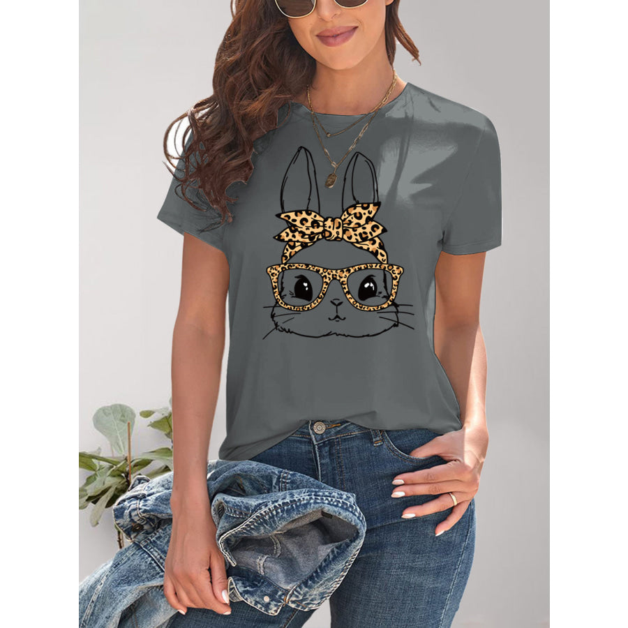 Rabbit Graphic Round Neck Short Sleeve T - Shirt Apparel and Accessories