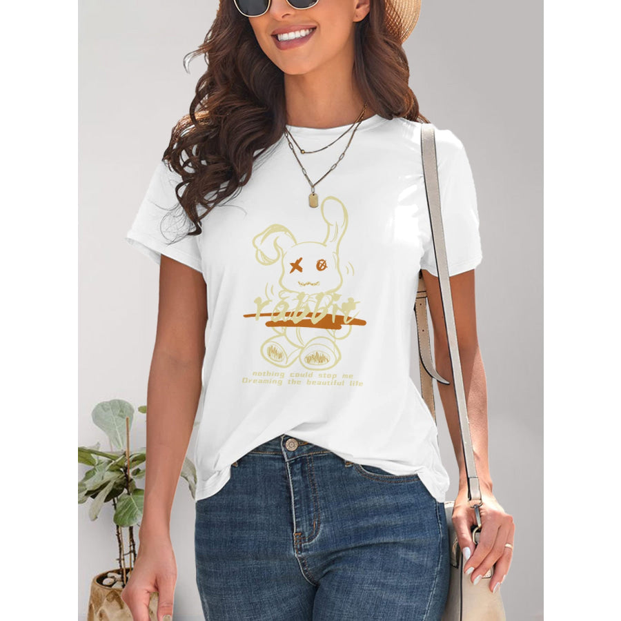 Rabbit Graphic Round Neck Short Sleeve T - Shirt Apparel and Accessories