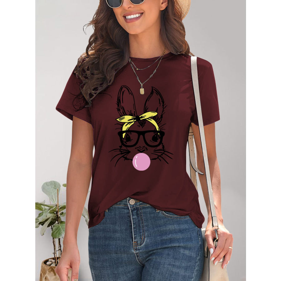 Rabbit Graphic Round Neck Short Sleeve T - Shirt Apparel and Accessories