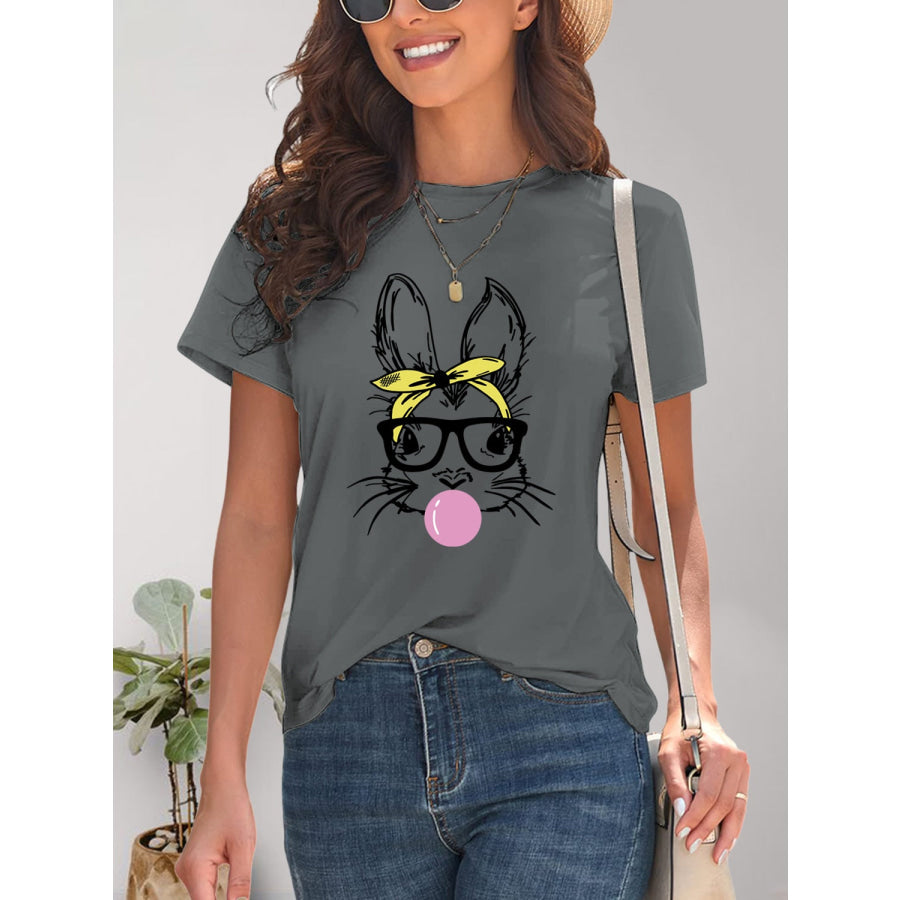 Rabbit Graphic Round Neck Short Sleeve T - Shirt Apparel and Accessories