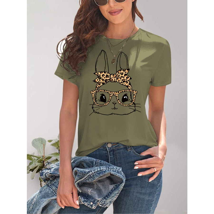 Rabbit Graphic Round Neck Short Sleeve T - Shirt Apparel and Accessories