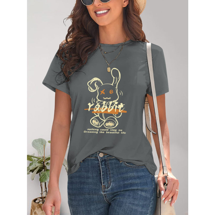 Rabbit Graphic Round Neck Short Sleeve T - Shirt Apparel and Accessories