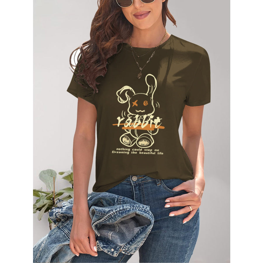 Rabbit Graphic Round Neck Short Sleeve T - Shirt Army Green / S Apparel and Accessories