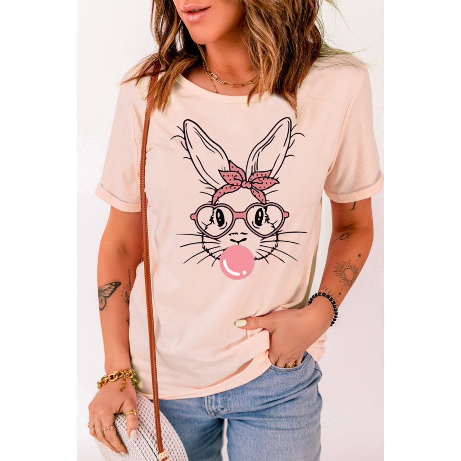 Rabbit Graphic Round Neck Short Sleeve T-Shirt Blush Pink / S Apparel and Accessories