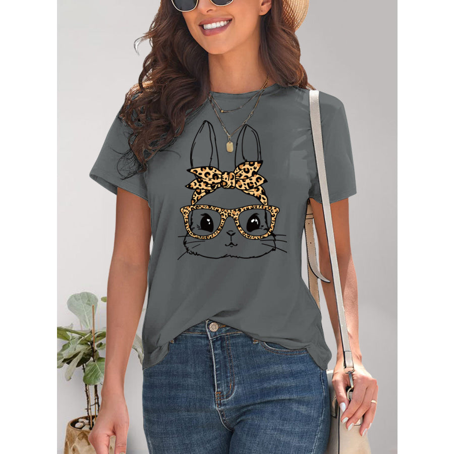 Rabbit Graphic Round Neck Short Sleeve T - Shirt Charcoal / S Apparel and Accessories