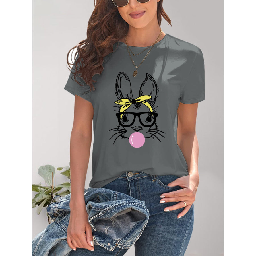 Rabbit Graphic Round Neck Short Sleeve T - Shirt Charcoal / S Apparel and Accessories