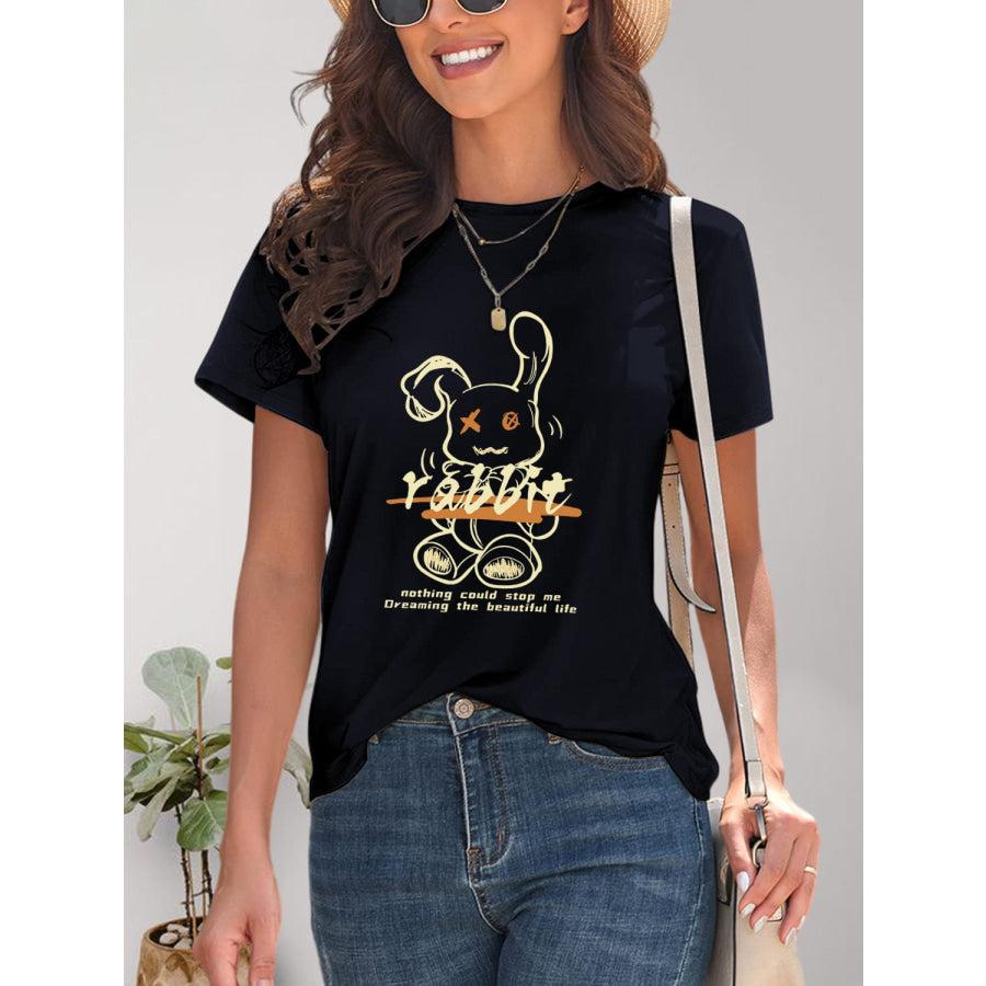 Rabbit Graphic Round Neck Short Sleeve T - Shirt Dark Navy / S Apparel and Accessories