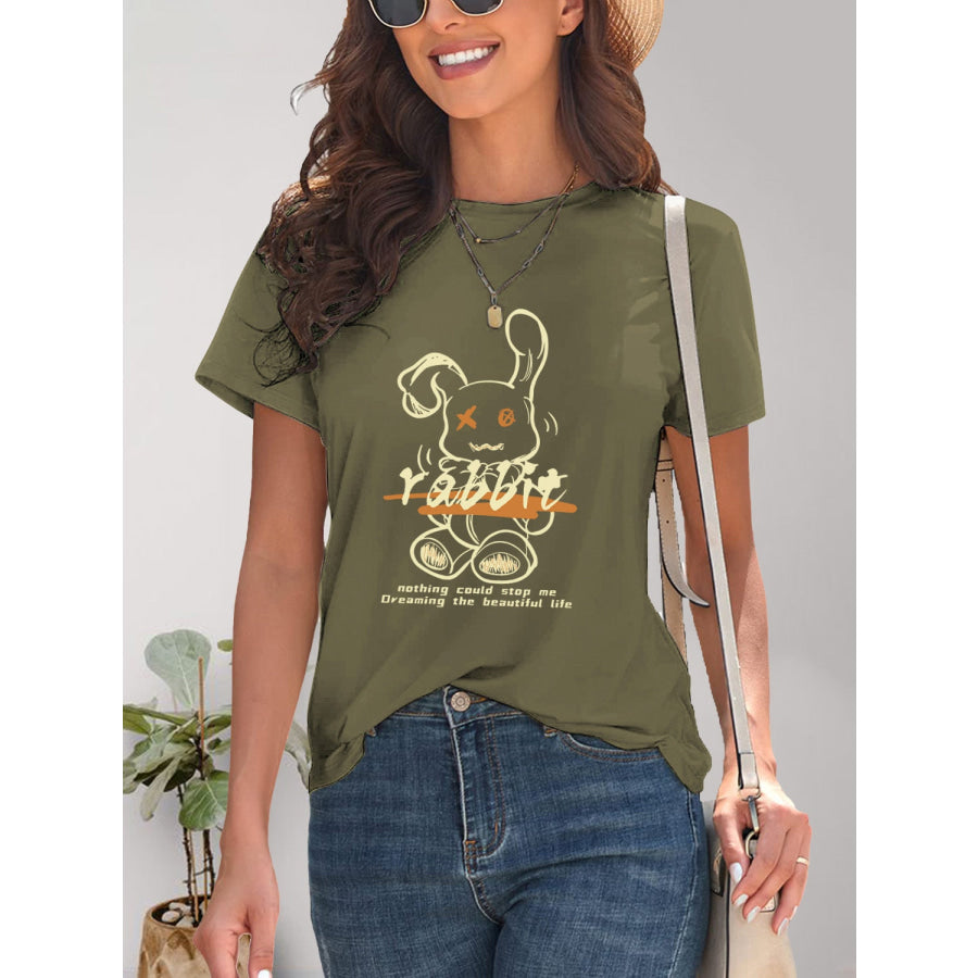 Rabbit Graphic Round Neck Short Sleeve T - Shirt Moss / S Apparel and Accessories