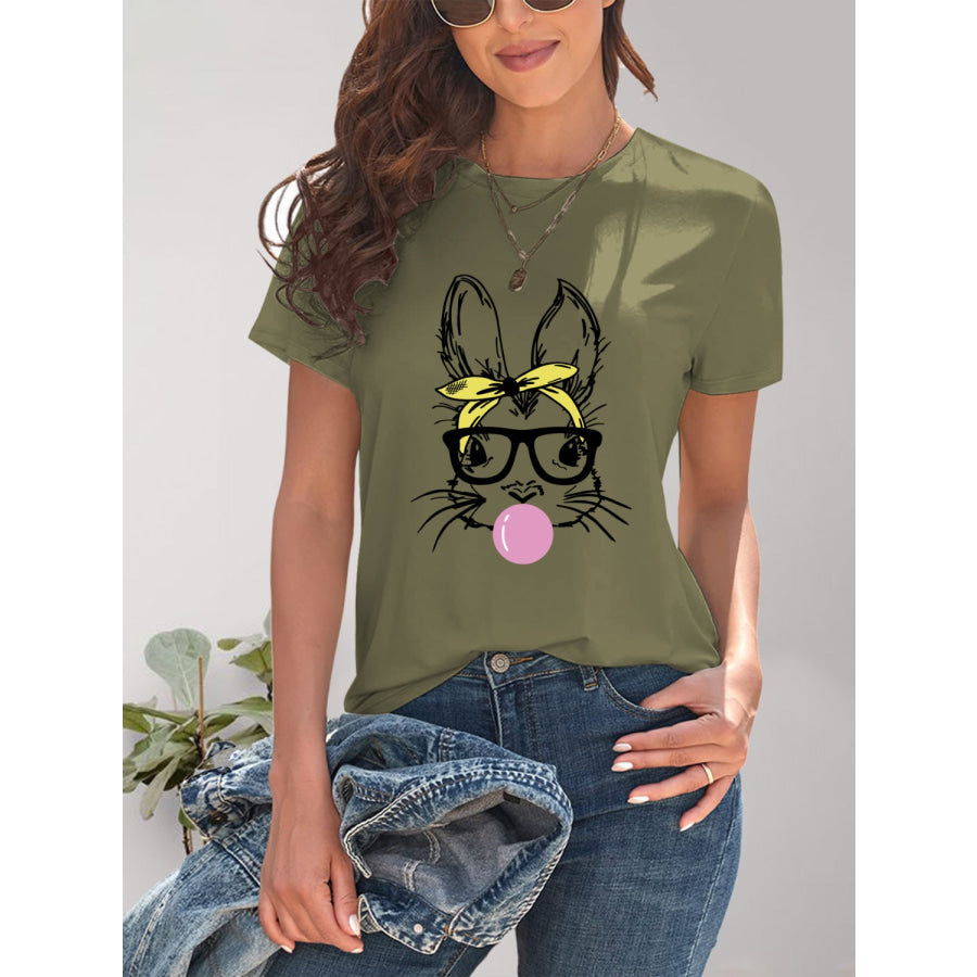 Rabbit Graphic Round Neck Short Sleeve T - Shirt Moss / S Apparel and Accessories