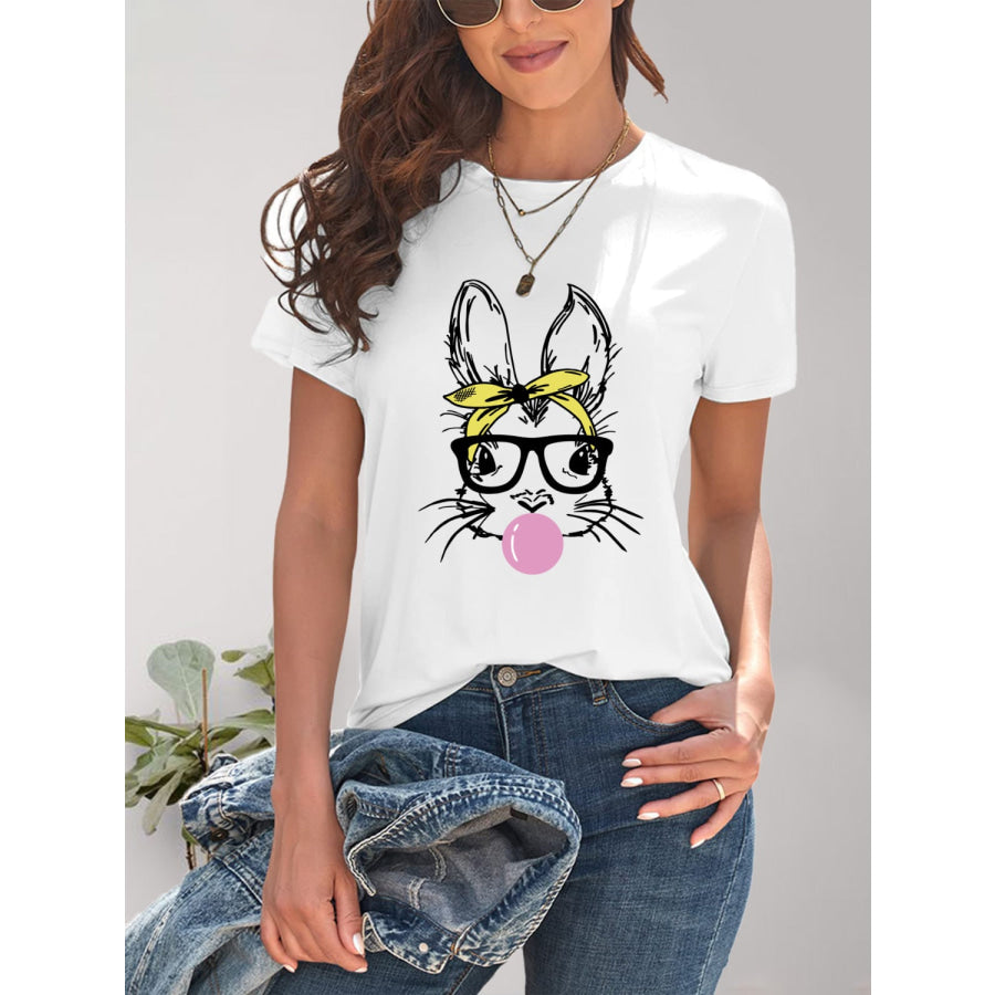 Rabbit Graphic Round Neck Short Sleeve T - Shirt White / S Apparel and Accessories