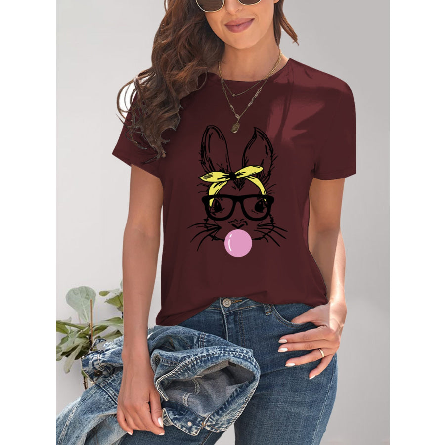 Rabbit Graphic Round Neck Short Sleeve T - Shirt Wine / S Apparel and Accessories