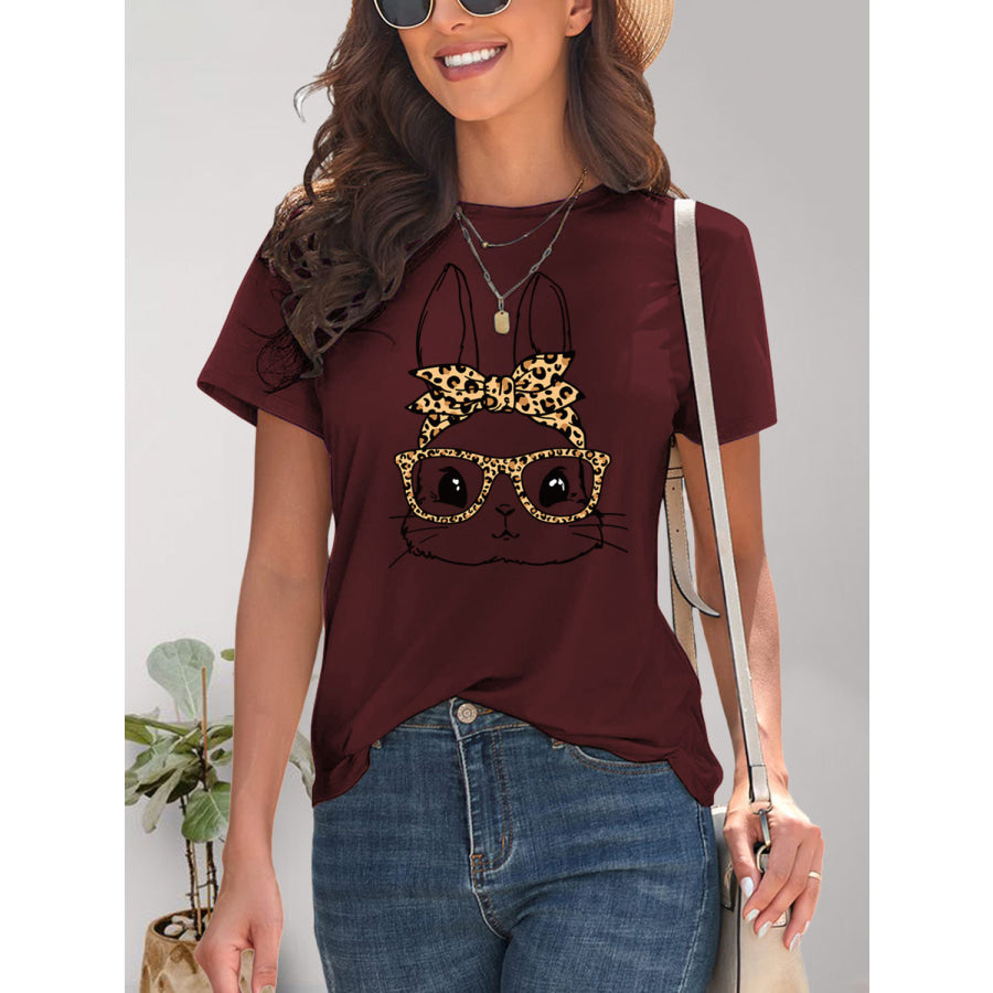 Rabbit Graphic Round Neck Short Sleeve T - Shirt Wine / S Apparel and Accessories