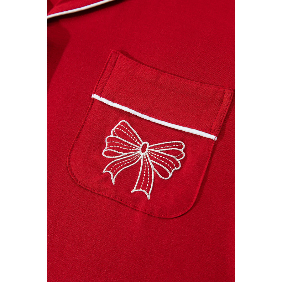 Racing Red Bow Pocket Detail Long Sleeve Shirt 2pcs Pajama Set Loungewear & Sleepwear/Loungewear