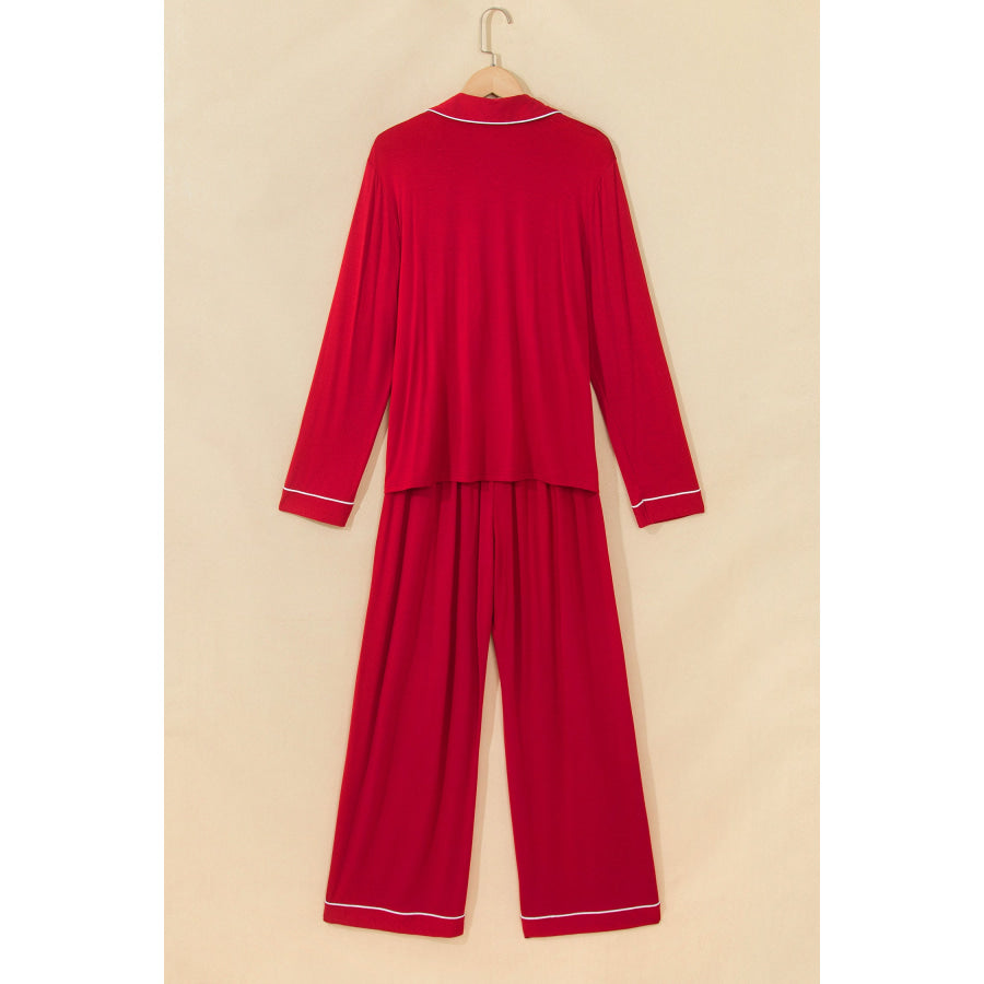 Racing Red Bow Pocket Detail Long Sleeve Shirt 2pcs Pajama Set Loungewear & Sleepwear/Loungewear