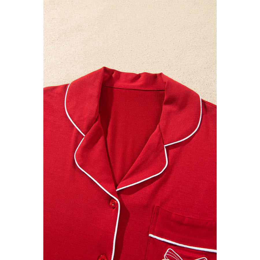 Racing Red Bow Pocket Detail Long Sleeve Shirt 2pcs Pajama Set Loungewear & Sleepwear/Loungewear