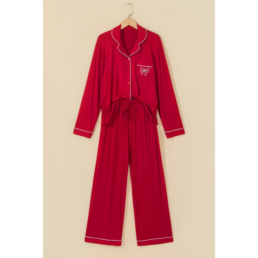 Racing Red Bow Pocket Detail Long Sleeve Shirt 2pcs Pajama Set Loungewear & Sleepwear/Loungewear