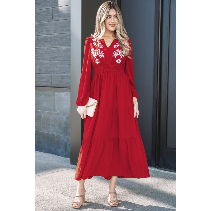Racing Red Contrast Embroidered Detail Cinched Waist Tiered Long Sleeve Maxi Dress Dresses/Maxi Dresses