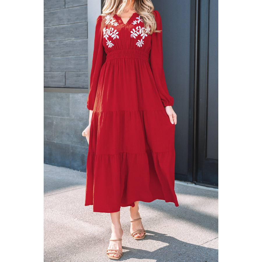 Racing Red Contrast Embroidered Detail Cinched Waist Tiered Long Sleeve Maxi Dress Dresses/Maxi Dresses