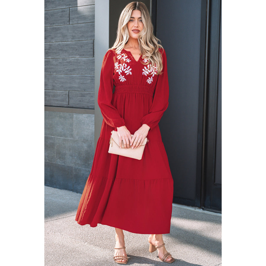Racing Red Contrast Embroidered Detail Cinched Waist Tiered Long Sleeve Maxi Dress Dresses/Maxi Dresses