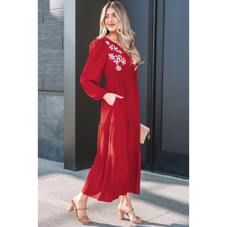 Racing Red Contrast Embroidered Detail Cinched Waist Tiered Long Sleeve Maxi Dress Dresses/Maxi Dresses