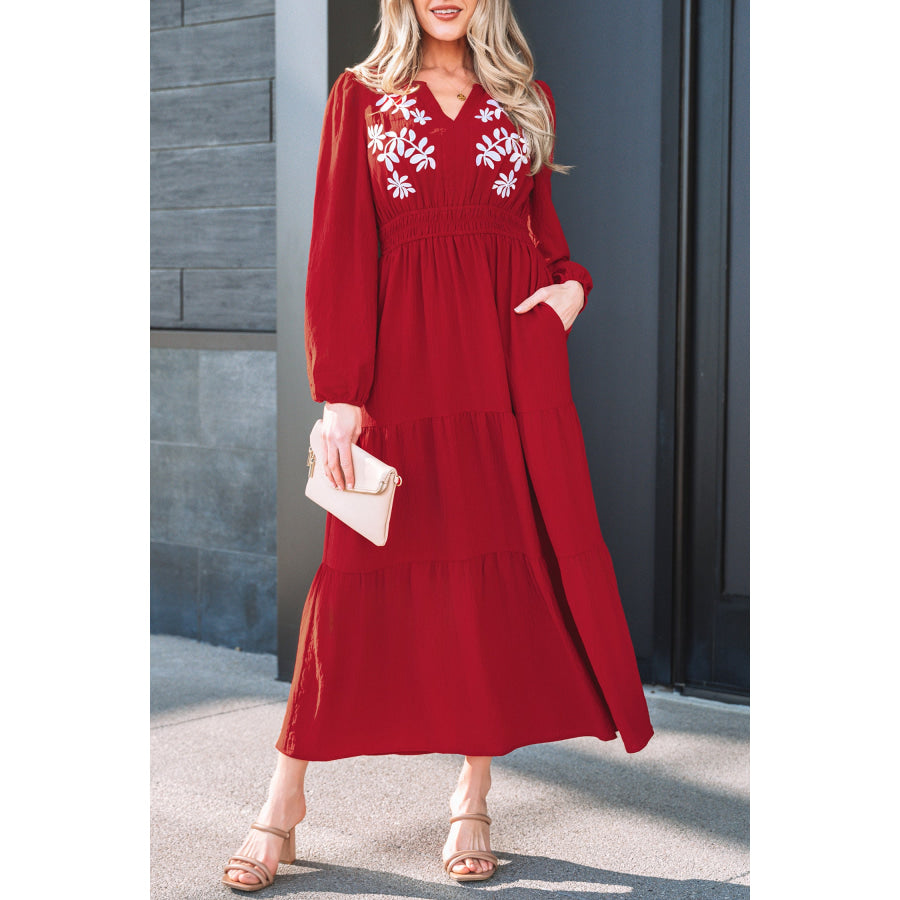 Racing Red Contrast Embroidered Detail Cinched Waist Tiered Long Sleeve Maxi Dress Dresses/Maxi Dresses
