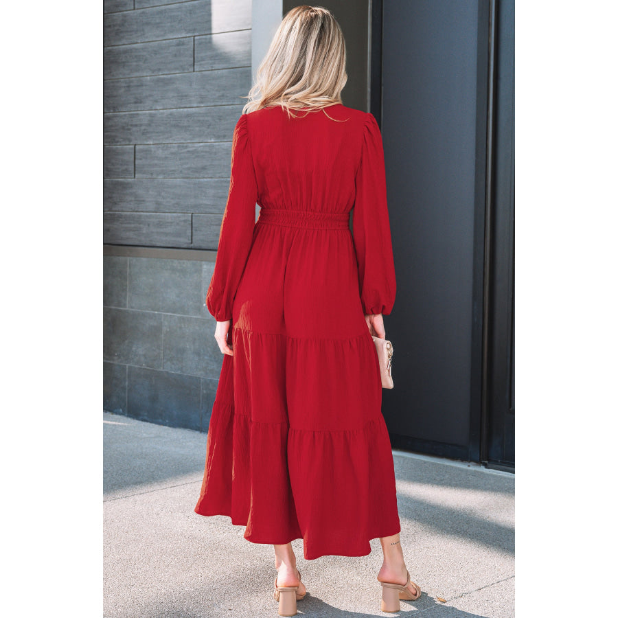 Racing Red Contrast Embroidered Detail Cinched Waist Tiered Long Sleeve Maxi Dress Dresses/Maxi Dresses