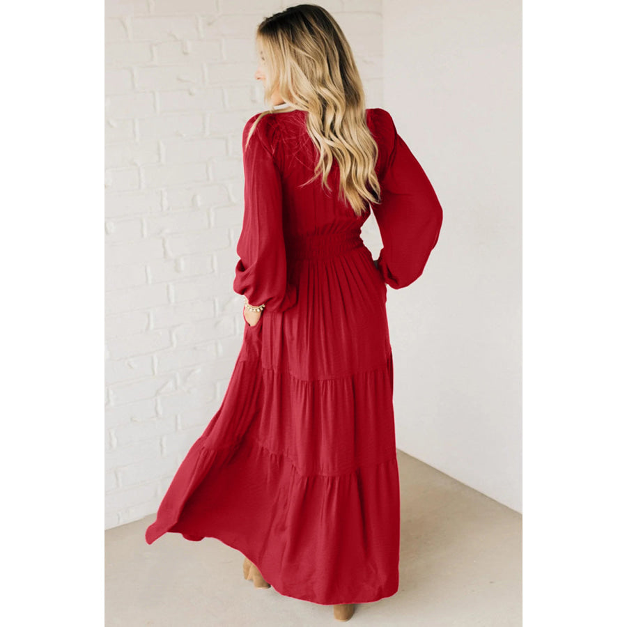 Racing Red Contrast Embroidered Detail Cinched Waist Tiered Long Sleeve Maxi Dress Dresses/Maxi Dresses