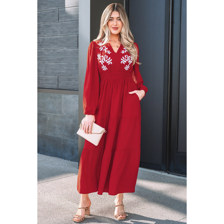 Racing Red Contrast Embroidered Detail Cinched Waist Tiered Long Sleeve Maxi Dress Racing Red / S / 100% Polyester Dresses/Maxi Dresses