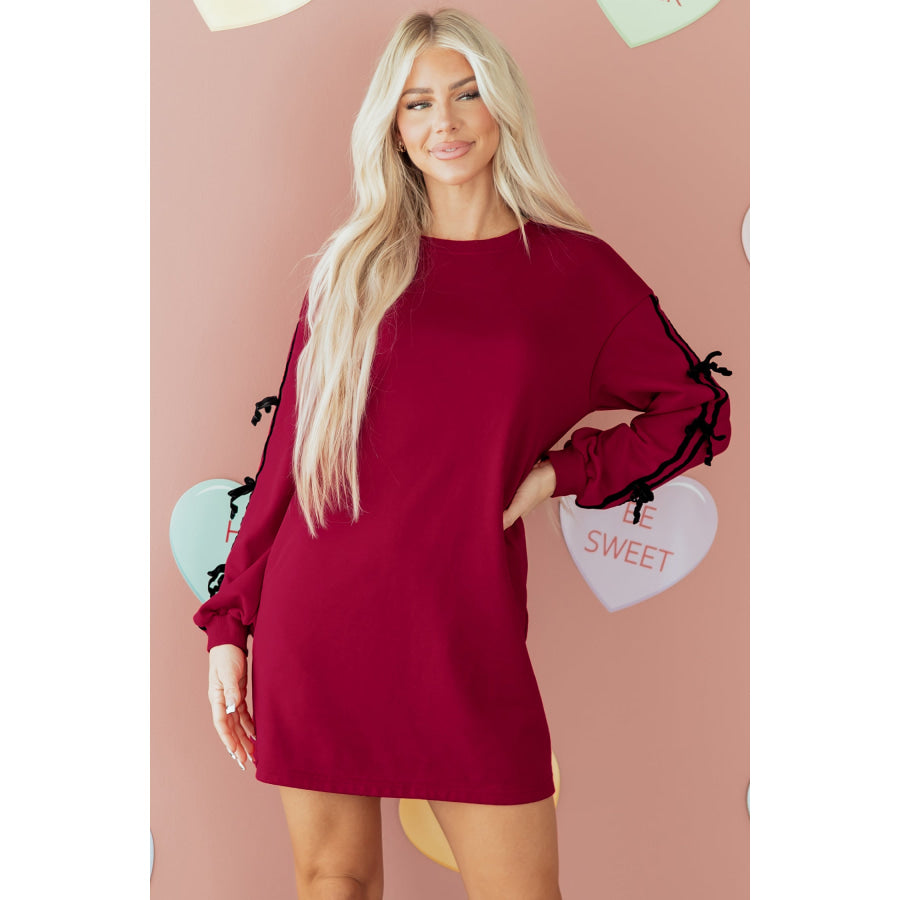 Racing Red Contrast Striped Bow Detail Drop Shoulder Sweatshirt Dress with Pockets Dresses/Mini Dresses