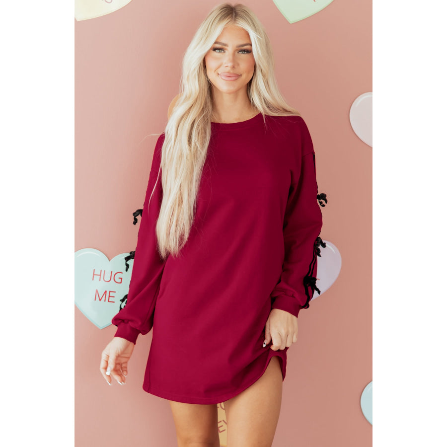 Racing Red Contrast Striped Bow Detail Drop Shoulder Sweatshirt Dress with Pockets Dresses/Mini Dresses