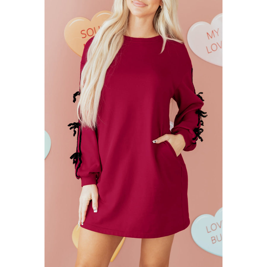 Racing Red Contrast Striped Bow Detail Drop Shoulder Sweatshirt Dress with Pockets Dresses/Mini Dresses