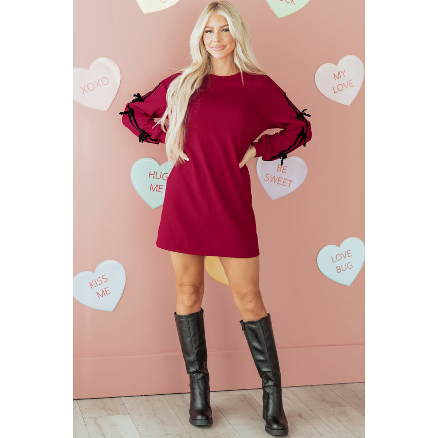 Racing Red Contrast Striped Bow Detail Drop Shoulder Sweatshirt Dress with Pockets Dresses/Mini Dresses