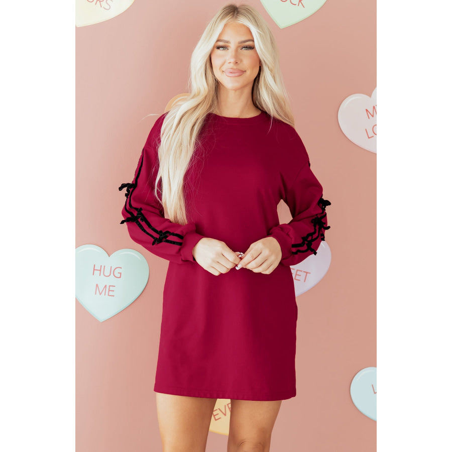Racing Red Contrast Striped Bow Detail Drop Shoulder Sweatshirt Dress with Pockets Dresses/Mini Dresses