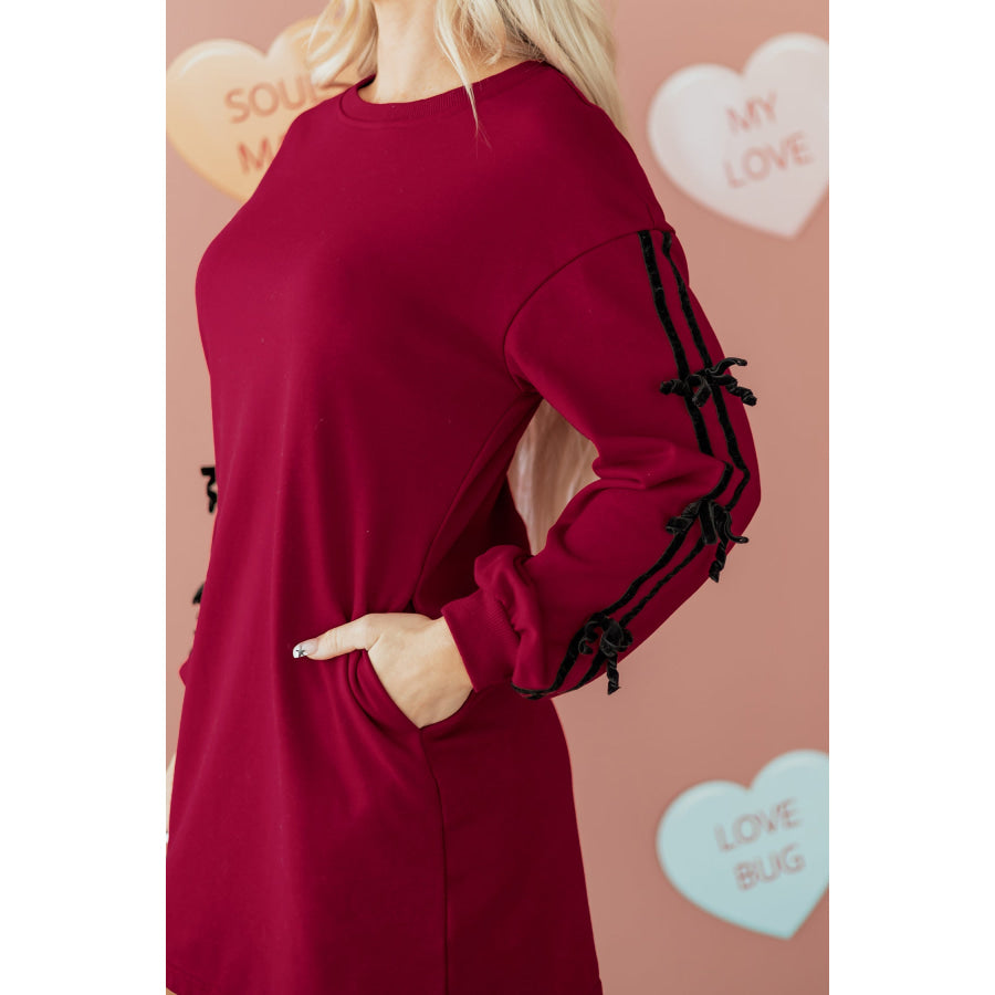 Racing Red Contrast Striped Bow Detail Drop Shoulder Sweatshirt Dress with Pockets Dresses/Mini Dresses