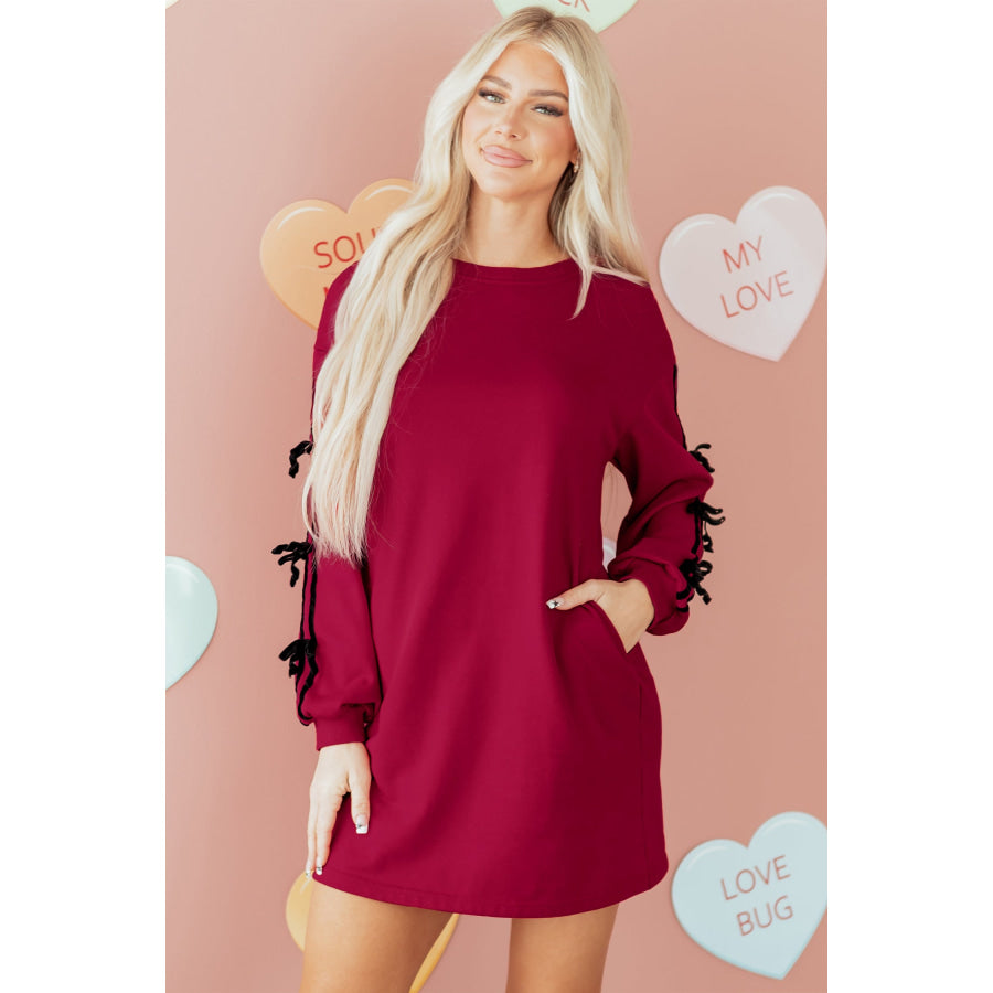 Racing Red Contrast Striped Bow Detail Drop Shoulder Sweatshirt Dress with Pockets Racing Red / S / 65% Polyester + 35% Cotton Dresses/Mini