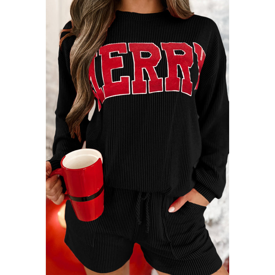 Racing Red Corded MERRY Graphic Long Sleeve Top and Shorts Set Black / S / 75% Polyester + 20% Viscose + 5% Elastane Two Piece Sets/Short