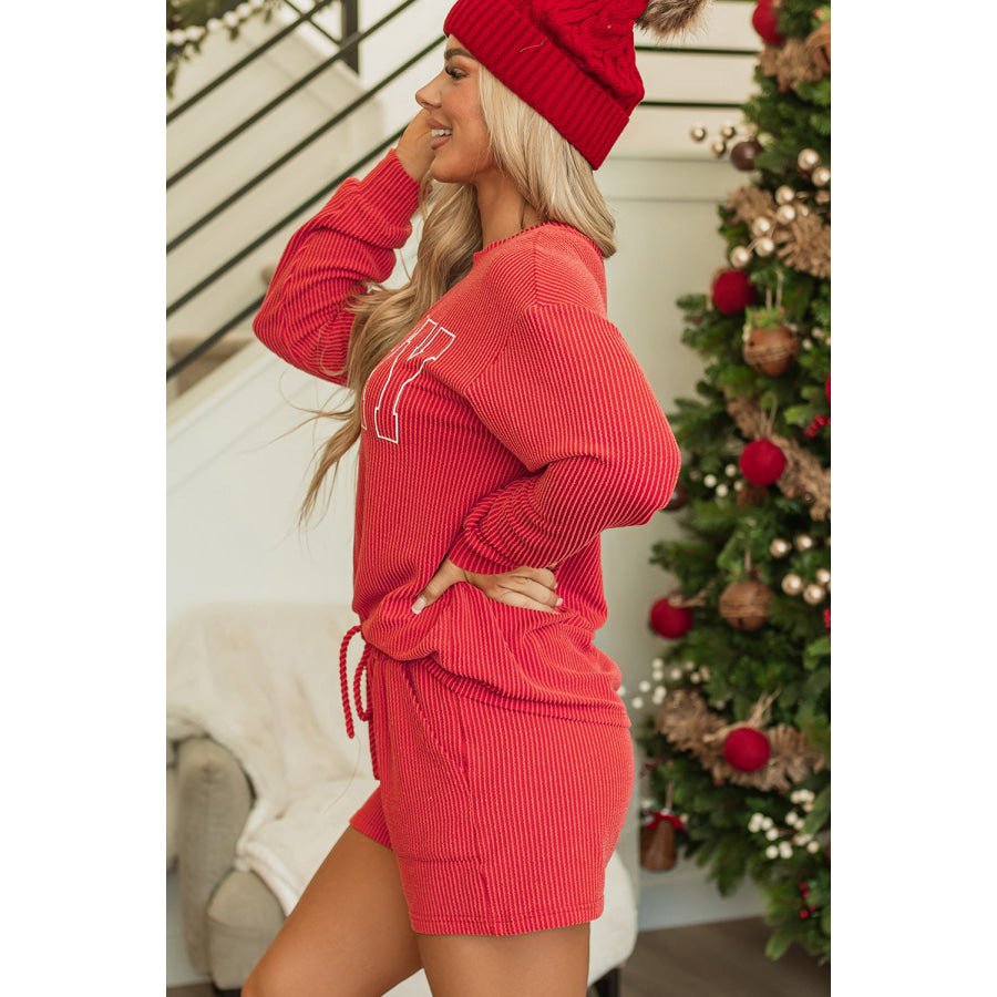 Racing Red Corded MERRY Graphic Long Sleeve Top and Shorts Set Two Piece Sets/Short Sets