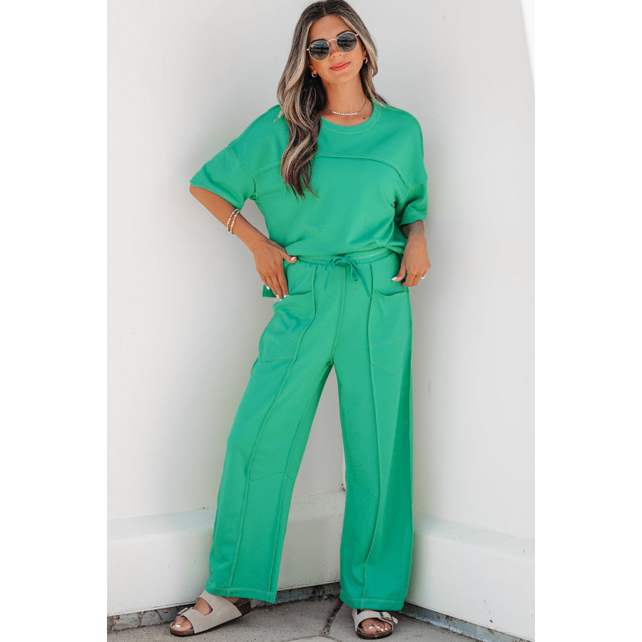Racing Red Drop Shoulder Boxy Tee and Barrel Pants Set Mint Green / S / 80% Polyester + 20% Cotton Two Piece Sets/Pant Sets