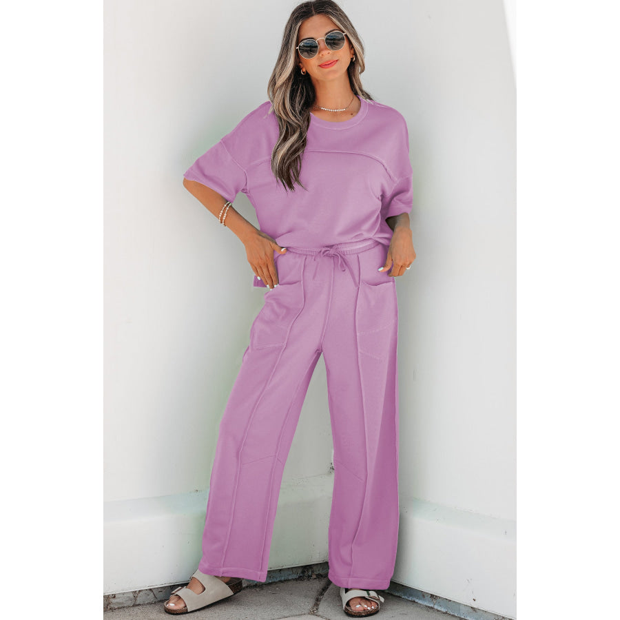 Racing Red Drop Shoulder Boxy Tee and Barrel Pants Set Orchid Bouquet / S / 80% Polyester + 20% Cotton Two Piece Sets/Pant Sets