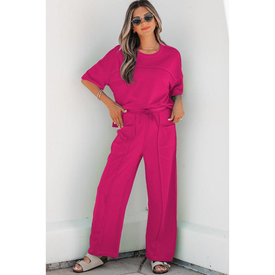 Racing Red Drop Shoulder Boxy Tee and Barrel Pants Set Rose Red / S / 80% Polyester + 20% Cotton Two Piece Sets/Pant Sets