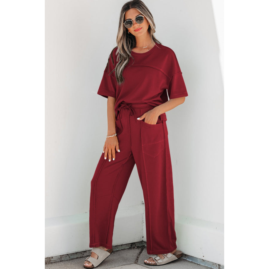 Racing Red Drop Shoulder Boxy Tee and Barrel Pants Set Racing Red / S / 80% Polyester + 20% Cotton Two Piece Sets/Pant Sets