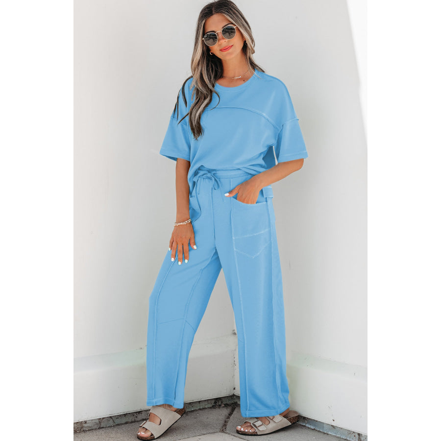 Racing Red Drop Shoulder Boxy Tee and Barrel Pants Set Sky Blue / S / 80% Polyester + 20% Cotton Two Piece Sets/Pant Sets