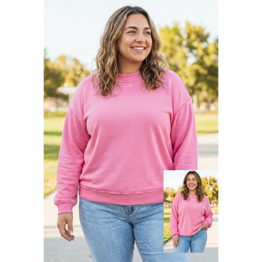 Racing Red Exposed Seam Detail Reversible Double Wear Plus Size Sweatshirt Bright Pink / 1X / 65% Polyester + 35% Cotton Plus Size/Plus