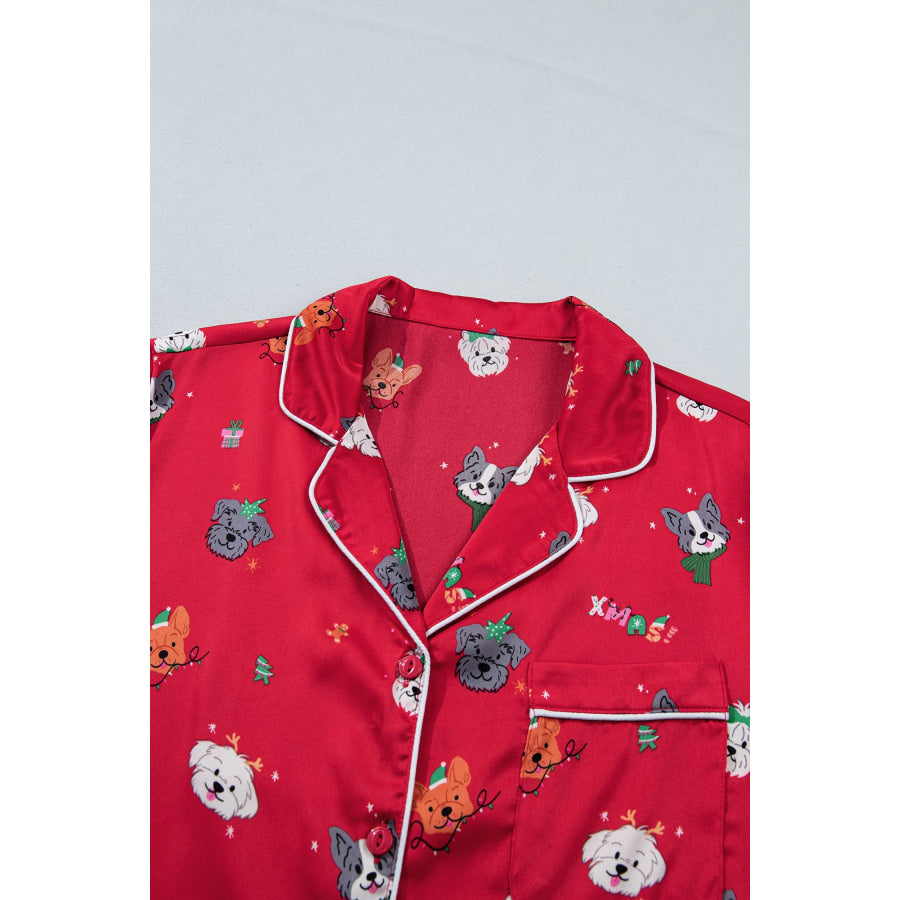 Racing Red Festive Dog Print Short Sleeve Two Piece Lounge Set Loungewear & Sleepwear/Loungewear