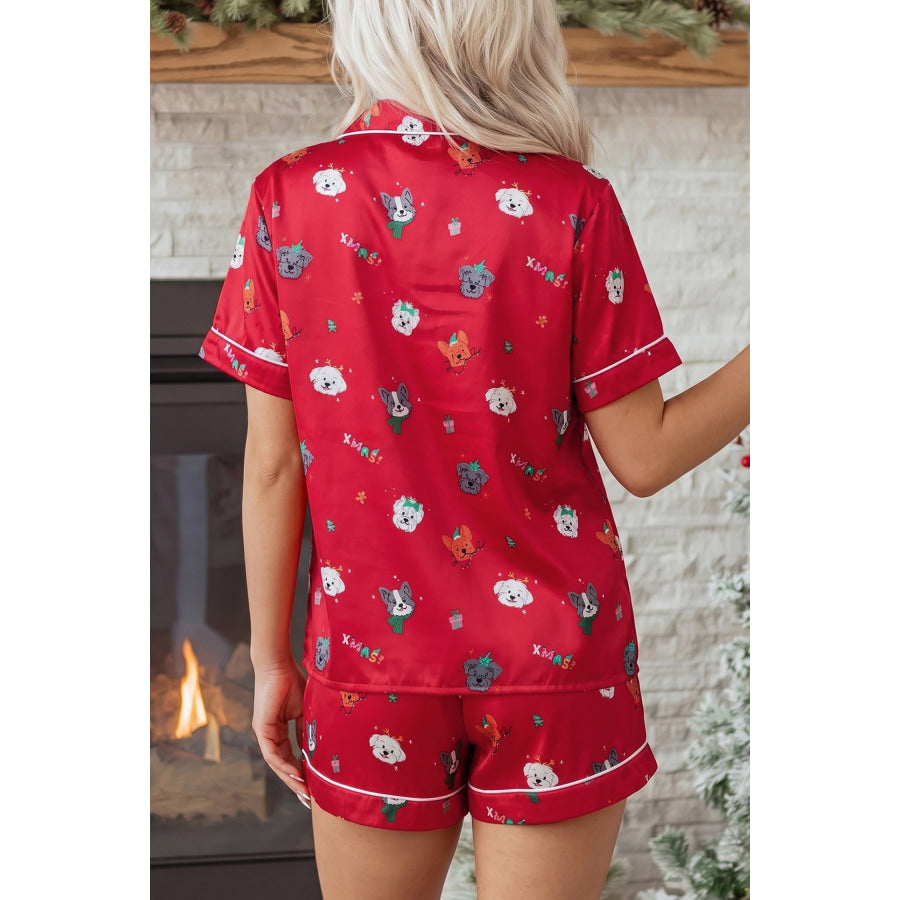 Racing Red Festive Dog Print Short Sleeve Two Piece Lounge Set Loungewear & Sleepwear/Loungewear