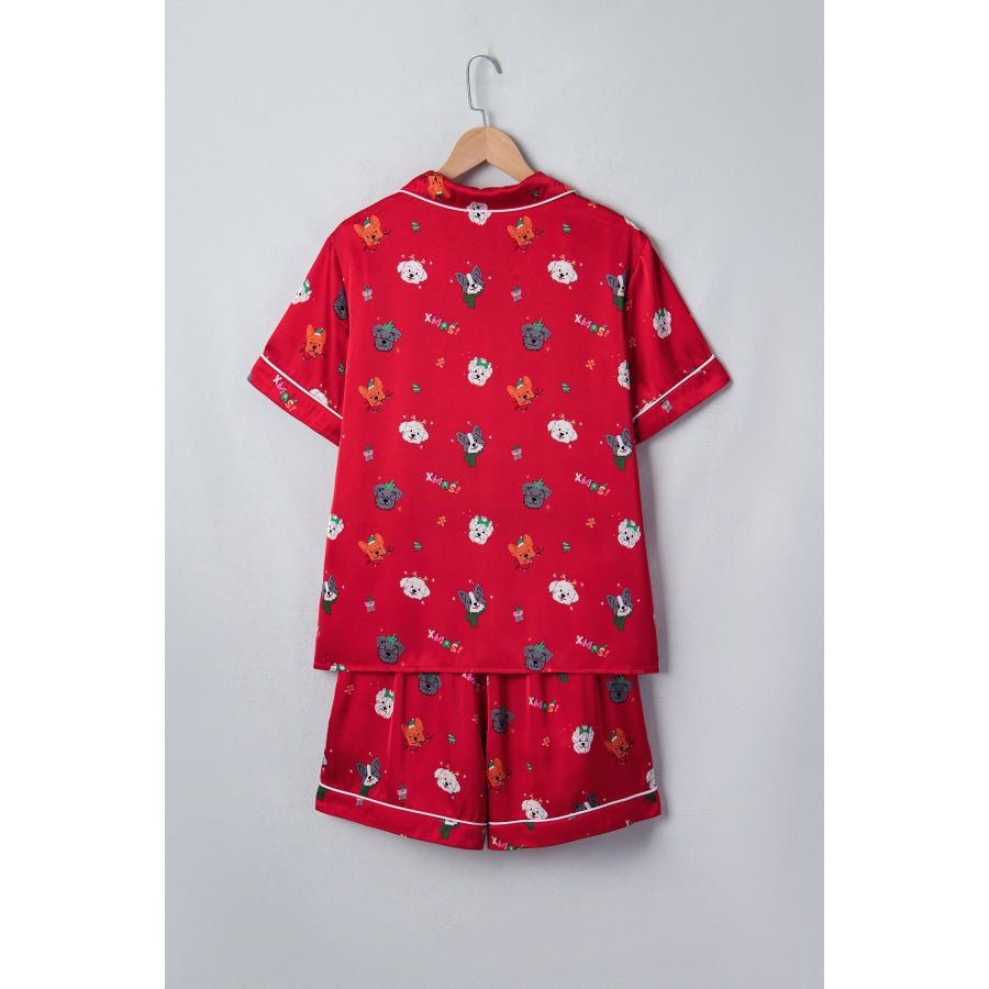 Racing Red Festive Dog Print Short Sleeve Two Piece Lounge Set Loungewear & Sleepwear/Loungewear