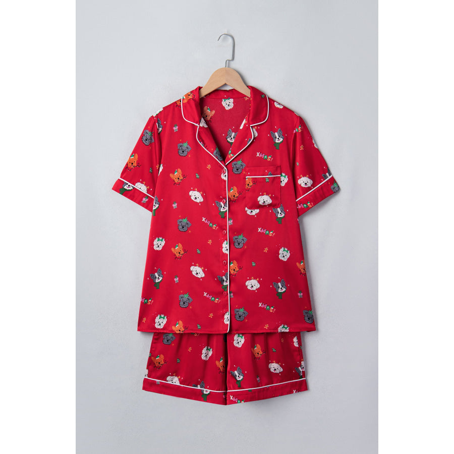Racing Red Festive Dog Print Short Sleeve Two Piece Lounge Set Loungewear & Sleepwear/Loungewear