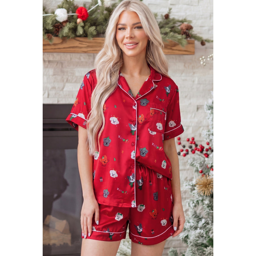 Racing Red Festive Dog Print Short Sleeve Two Piece Lounge Set Loungewear & Sleepwear/Loungewear