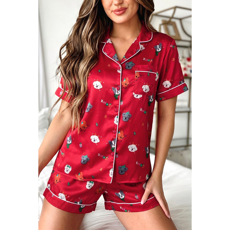 Racing Red Festive Dog Print Short Sleeve Two Piece Lounge Set Loungewear & Sleepwear/Loungewear